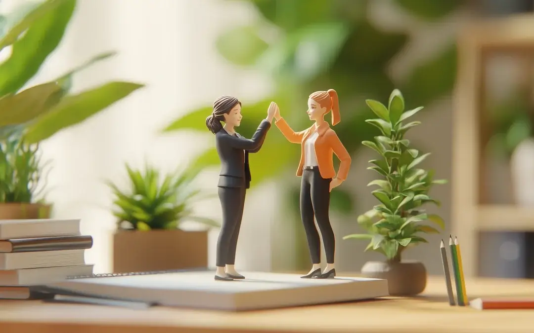 AI generated image of two business women depicted as miniatures giving a high 5. They are positioned on an office desk