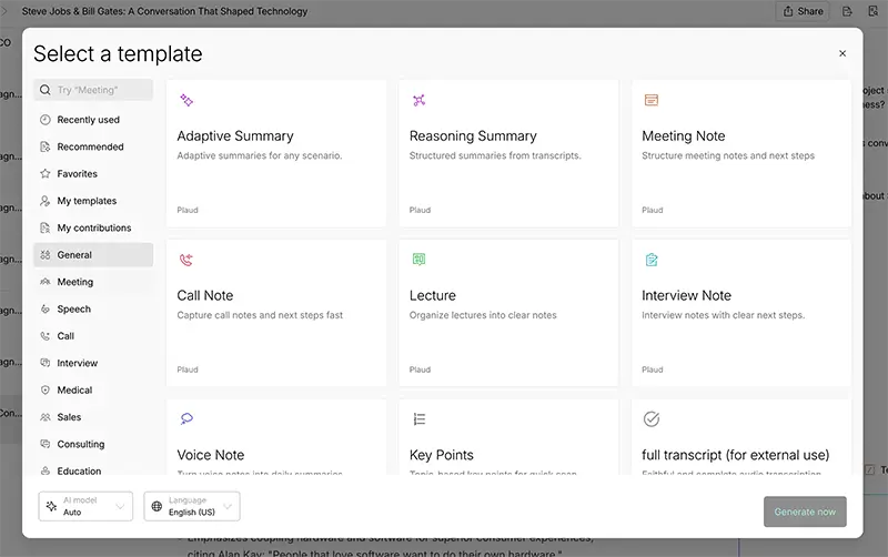 Screenshot of Plaud Note Meeting template examples